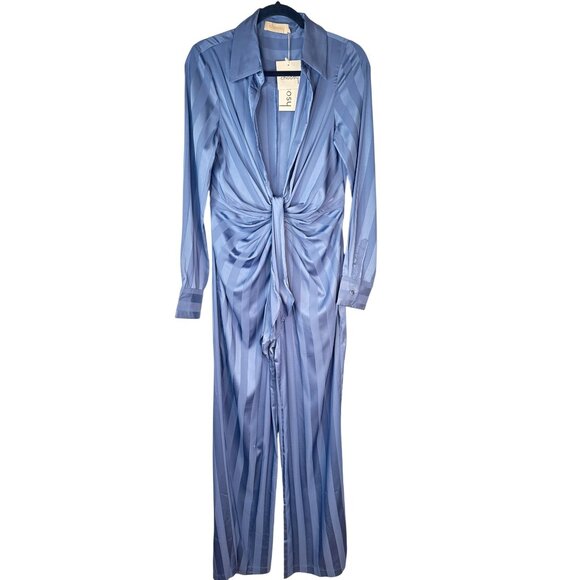 NWT Choosy Size 6 Smoky Blue Striped High Waisted Wide Leg Long Sleeve Jumpsuit - Picture 1 of 16